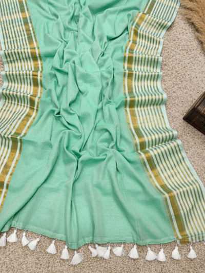 Indiehaat | Pure Mul Cotton Zari Checks Saree Green