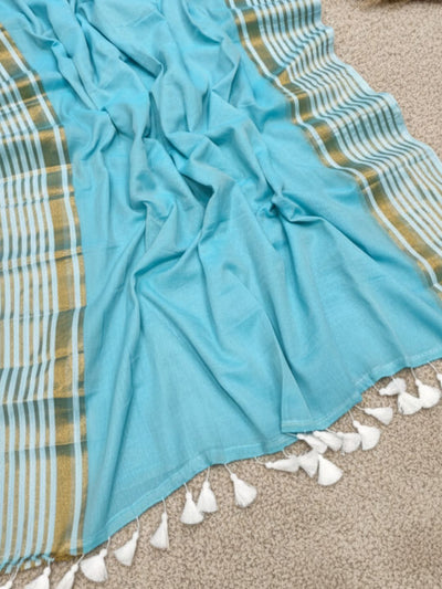 Indiehaat | Pure Mul Cotton Zari Checks Saree Blue