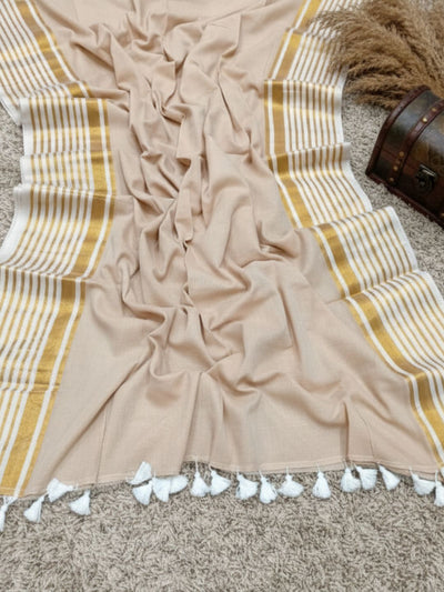 Indiehaat | Pure Mul Cotton Zari Checks Saree Beige