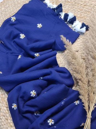 Indiehaat | Pure Mul Cotton Half Embroidery Saree Blue