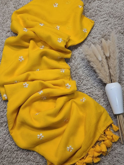 Indiehaat | Pure Mul Cotton Half Embroidery Saree Yellow