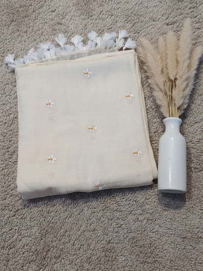 Indiehaat | Pure Mul Cotton Half Embroidery Saree White