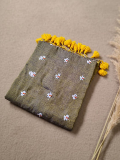 Indiehaat | Pure Mul Cotton Half Embroidery Saree Gray
