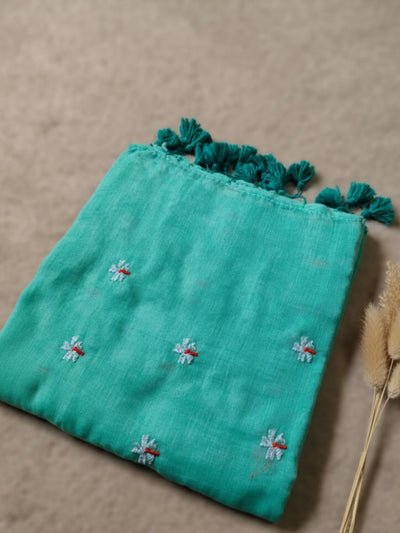 Indiehaat | Pure Mul Cotton Half Embroidery Saree Green