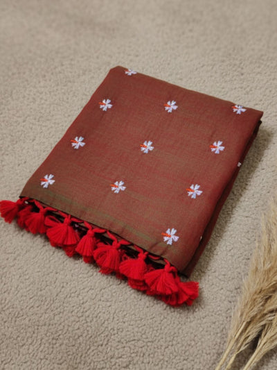 Indiehaat | Pure Mul Cotton Half Embroidery Saree Orange