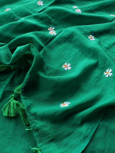 Indiehaat | Pure Mul Cotton Half Embroidery Saree Green