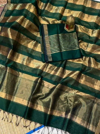 Indiehaat | Maheshwari Silk Zari Weaving Suit Green