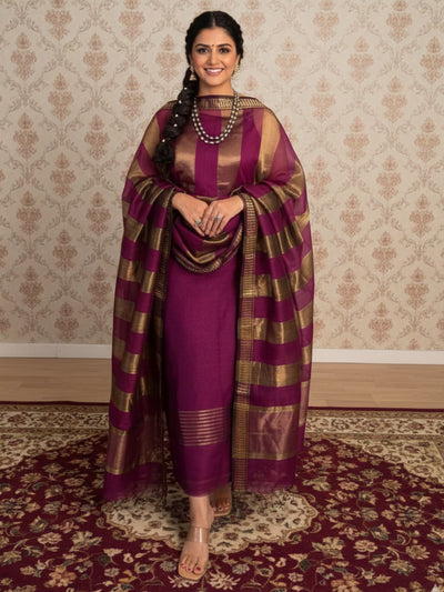 Indiehaat | Maheshwari Silk Zari Weaving Suit Pink