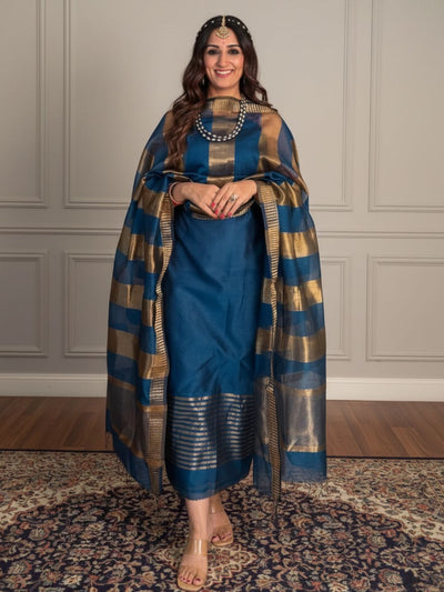 Indiehaat | Maheshwari Silk Zari Weaving Suit Blue
