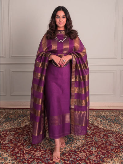 Indiehaat | Maheshwari Silk Zari Weaving Suit Purple