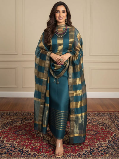Indiehaat | Maheshwari Silk Zari Weaving Suit Green