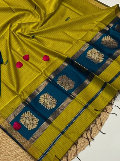 Indiehaat | Maheshwari Silk Zari Weaving Suit Blue