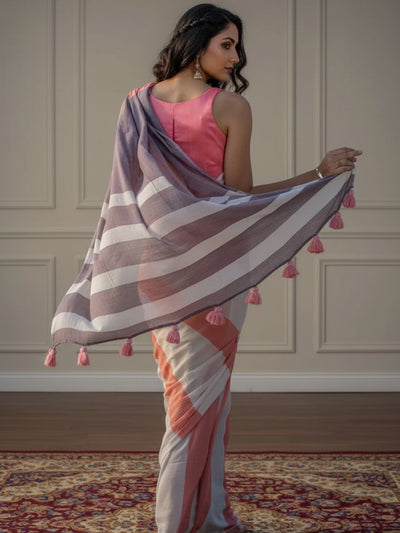 Indiehaat | Pure Khadi Cotton Handloom Saree Peach & White