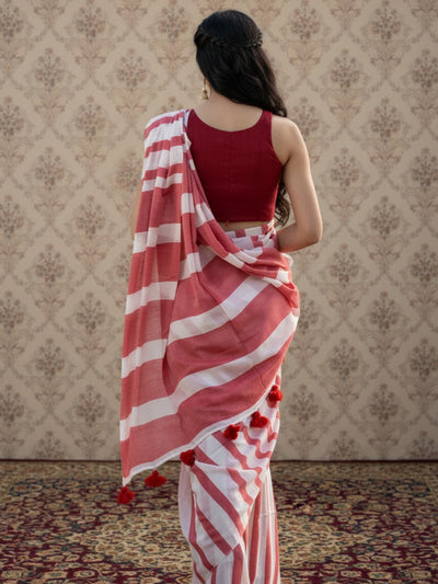 Indiehaat | Pure Khadi Cotton Handloom Saree Red & White