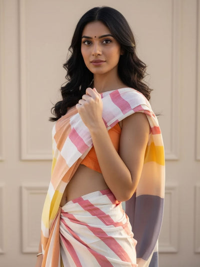 Indiehaat | Pure Khadi Cotton Handloom Saree Multicolor