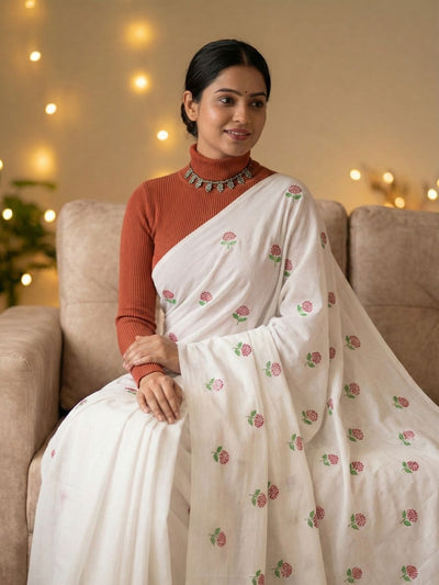 Indiehaat | Pure Cotton Half Embroidery Saree White