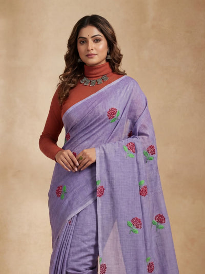Indiehaat | Pure Cotton Half Embroidery Saree Purple
