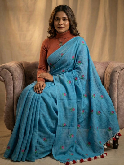 Indiehaat | Pure Cotton Half Embroidery Saree Blue