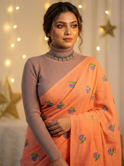Indiehaat | Pure Cotton Half Embroidery Saree Orange