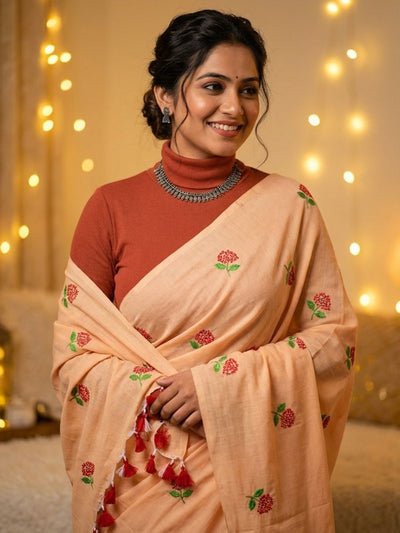 Indiehaat | Pure Cotton Half Embroidery Saree Beige