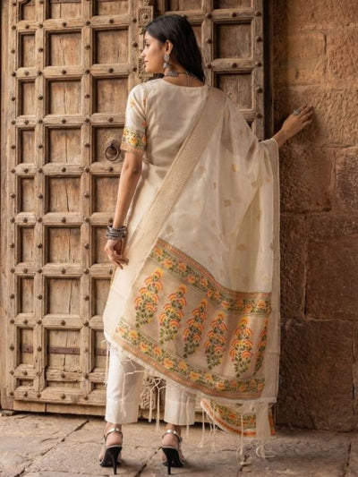Indiehaat | Cotton Silk Blend Brocade Suit Cream