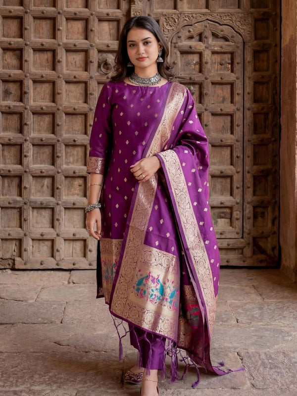 Indiehaat | Banarasi Silk Brocade Stitched Suit Purple