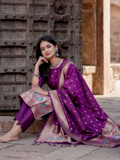 Indiehaat | Banarasi Silk Brocade Stitched Suit Purple
