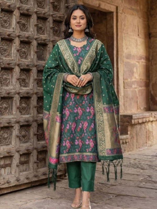 Indiehaat | Banarasi Silk Brocade Stitched Suit Green
