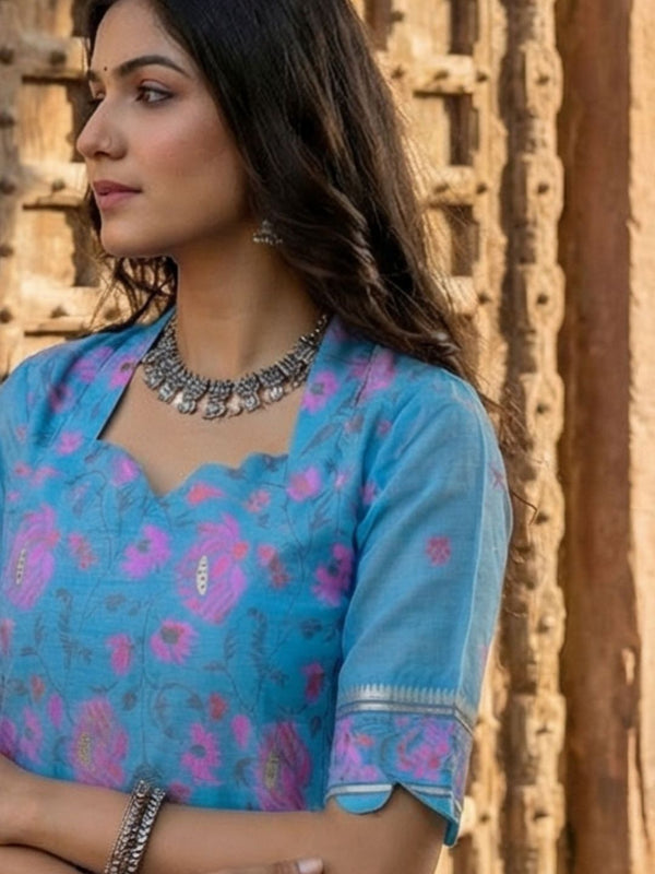 Indiehaat | Banarasi Silk Brocade Stitched Suit Blue