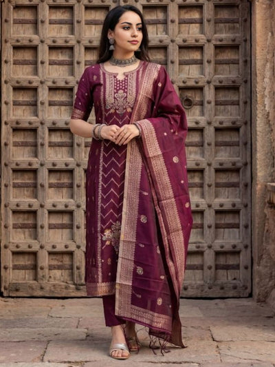 Shan-e-Banaras Cotton Mix Brocade Suit Maroon