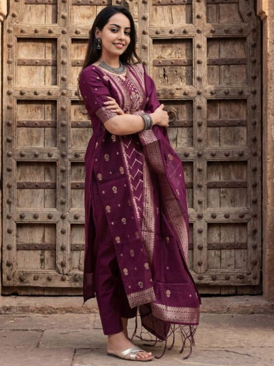 Indiehaat | Cotton Mix Brocade Stitched Suit Maroon