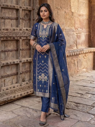 Shan-e-Banaras Cotton Mix Brocade Suit Slate Blue