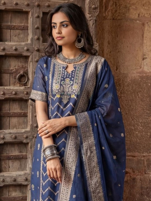 Indiehaat | Cotton Mix Brocade Stitched Suit Blue