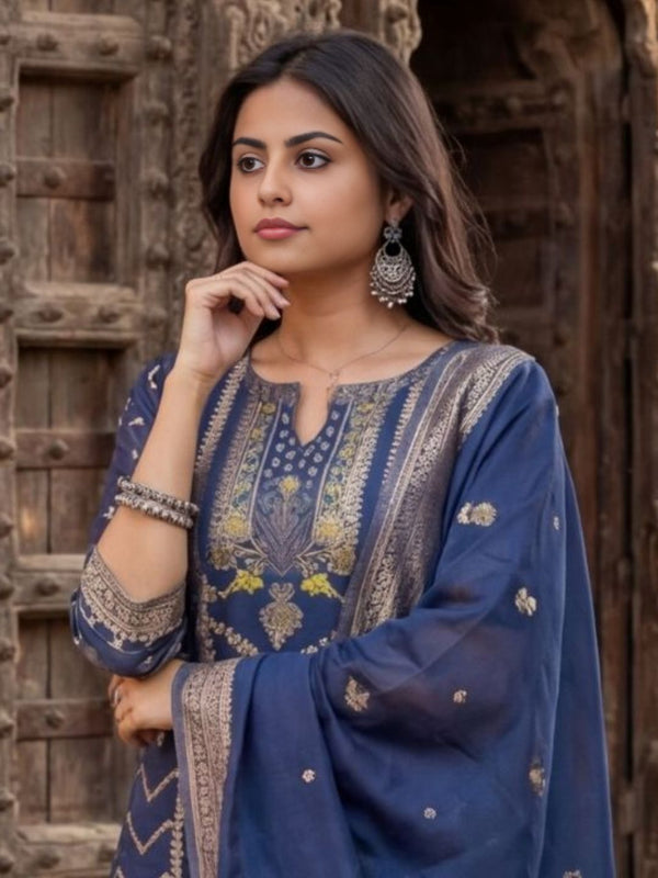 Indiehaat | Cotton Mix Brocade Stitched Suit Blue