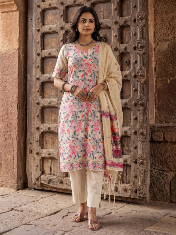 Indiehaat | Cotton Silk Blend Brocade Suit Cream