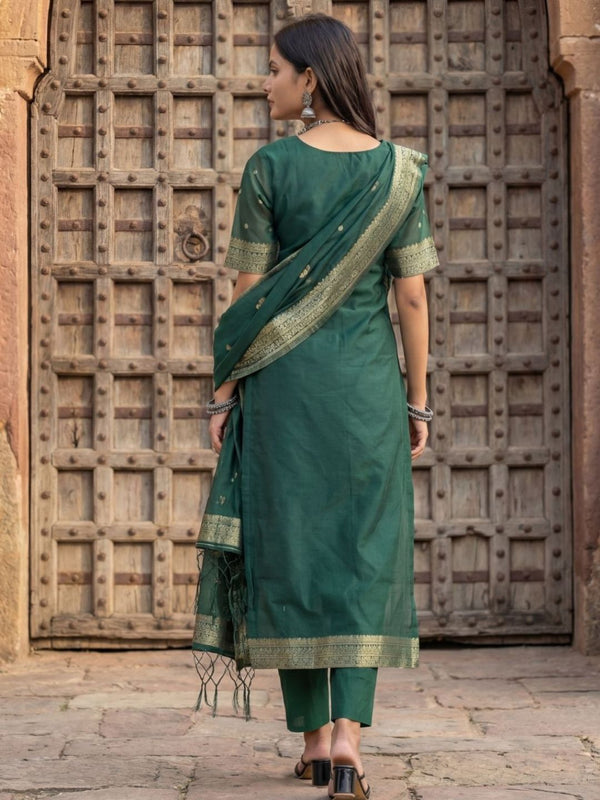 Indiehaat | Cotton Mix Brocade Stitched Suit Green