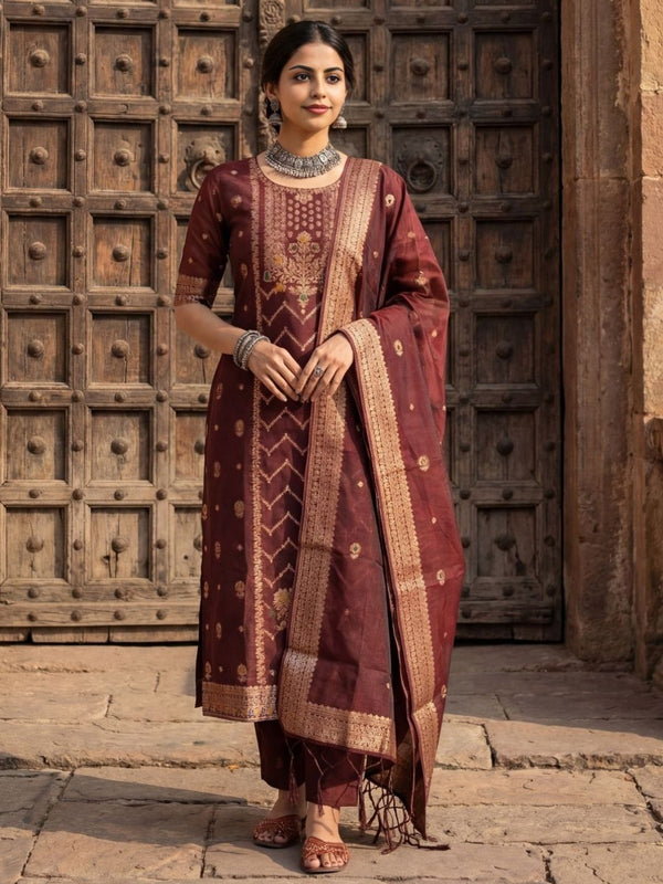 Indiehaat | Cotton Mix Brocade Stitched Suit Brown