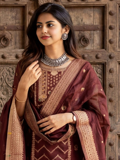 Indiehaat | Cotton Mix Brocade Stitched Suit Brown