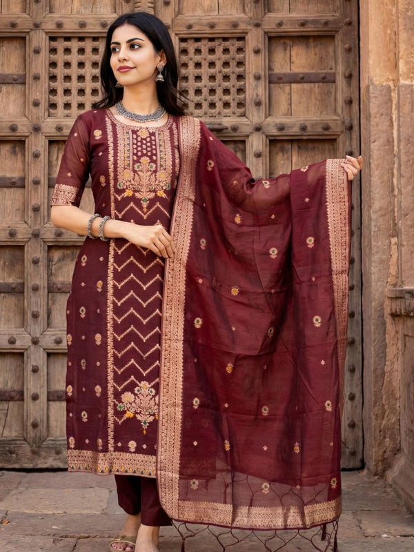Indiehaat | Cotton Mix Brocade Stitched Suit Brown