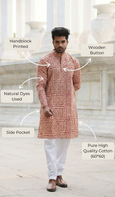 Indiehaat | Pure Cotton Block Print Kurta Pyjama Beige