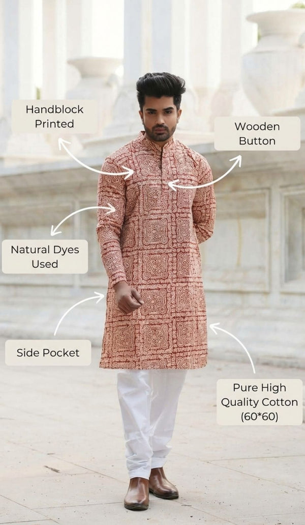 Indiehaat | Pure Cotton Block Print Kurta Pyjama Beige