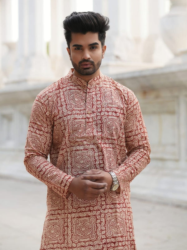Indiehaat | Pure Cotton Block Print Kurta Pyjama Beige