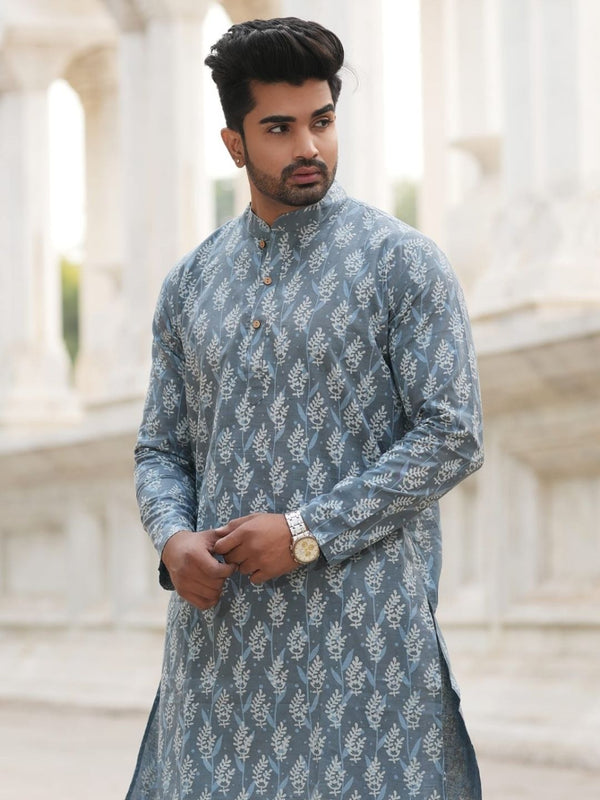 Indiehaat | Pure Cotton Block Print Kurta Pyjama Blue