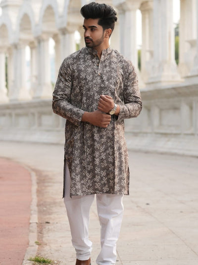 Indiehaat | Pure Cotton Block Print Kurta Pyjama Brown