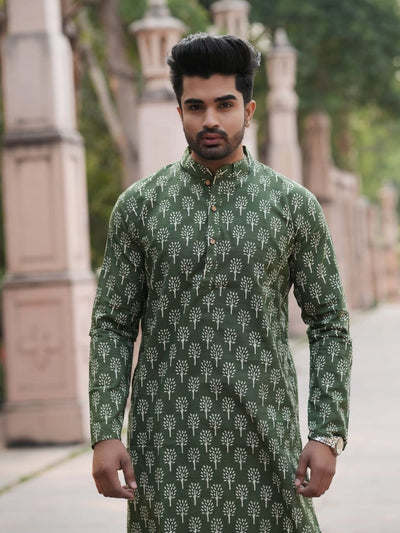 Indiehaat | Pure Cotton Block Print Kurta Pyjama Green