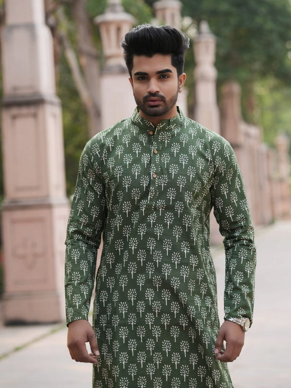 Indiehaat | Pure Cotton Block Print Kurta Pyjama Green