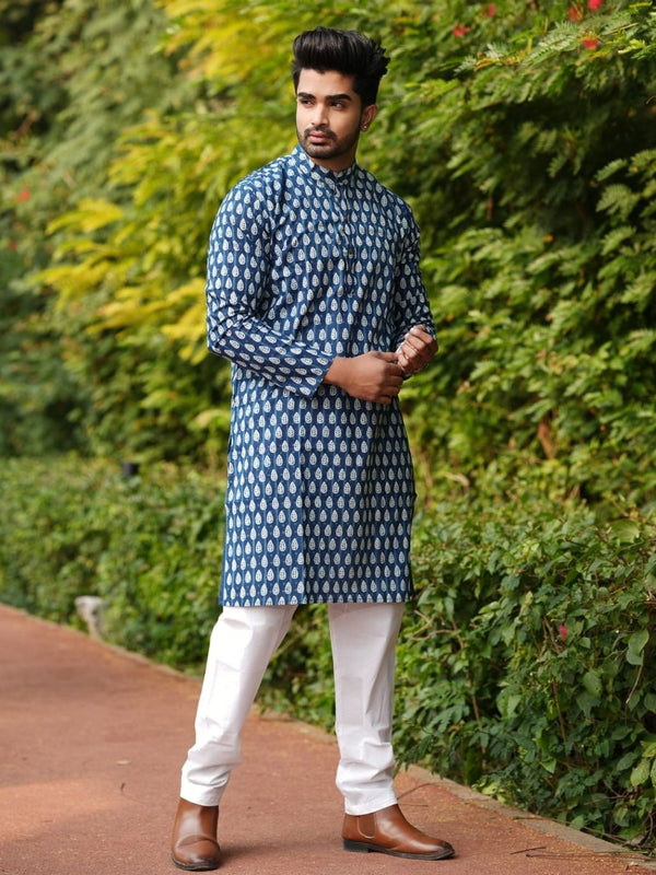 Indiehaat | Pure Cotton Block Print Kurta Pyjama Blue