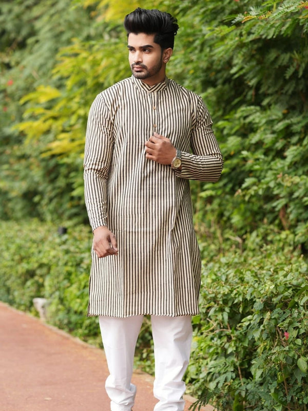 Indiehaat | Pure Cotton Block Print Kurta Pyjama Beige