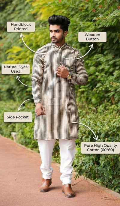 Indiehaat | Pure Cotton Block Print Kurta Pyjama Beige
