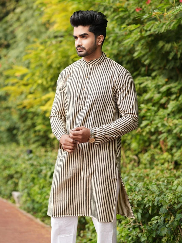 Indiehaat | Pure Cotton Block Print Kurta Pyjama Beige